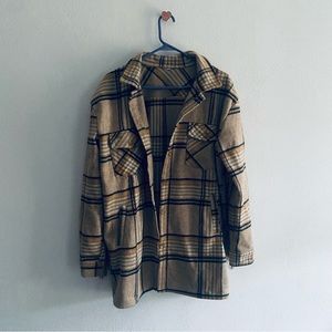 Boutique tan fringe flannel long line shacket